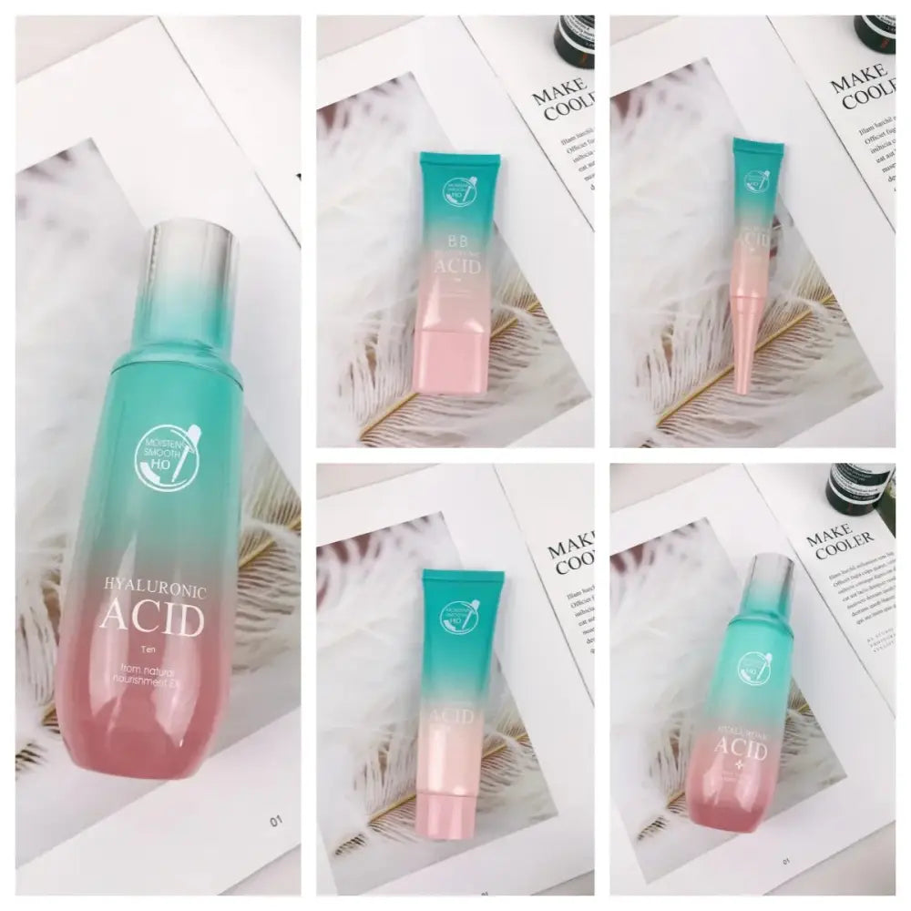 A gradient teal to pink glass bottle of hyaluronic acid serum with silver cap and minimalist white label for glowing skin