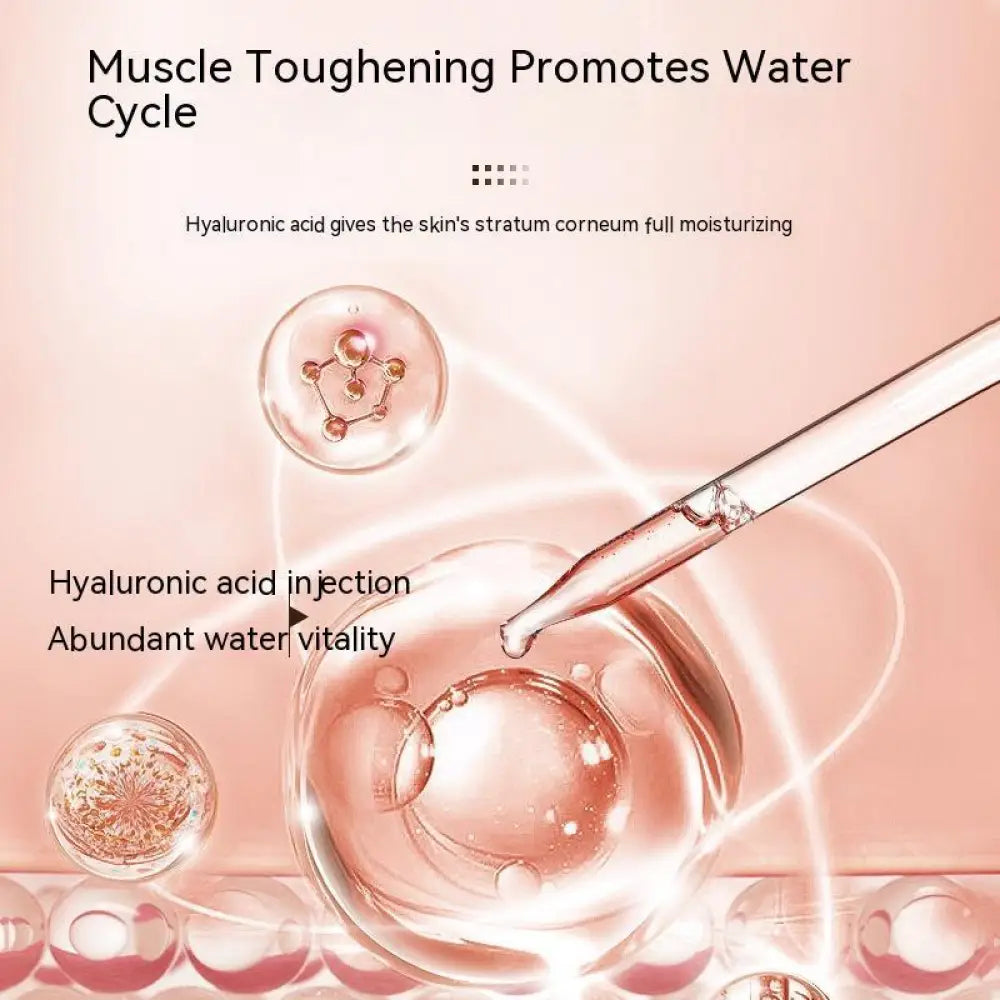 A clear glass dropper injecting hyaluronic acid into translucent spheres from a hydrating skincare gift set