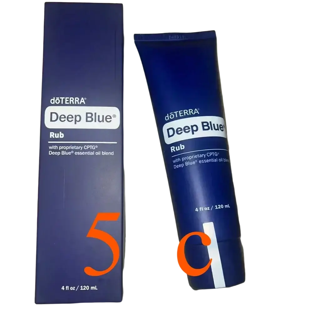 Dōterra deep blue rub skin care soothing balm in navy tube with white silver labels and matching box 120ml moisturizing cream