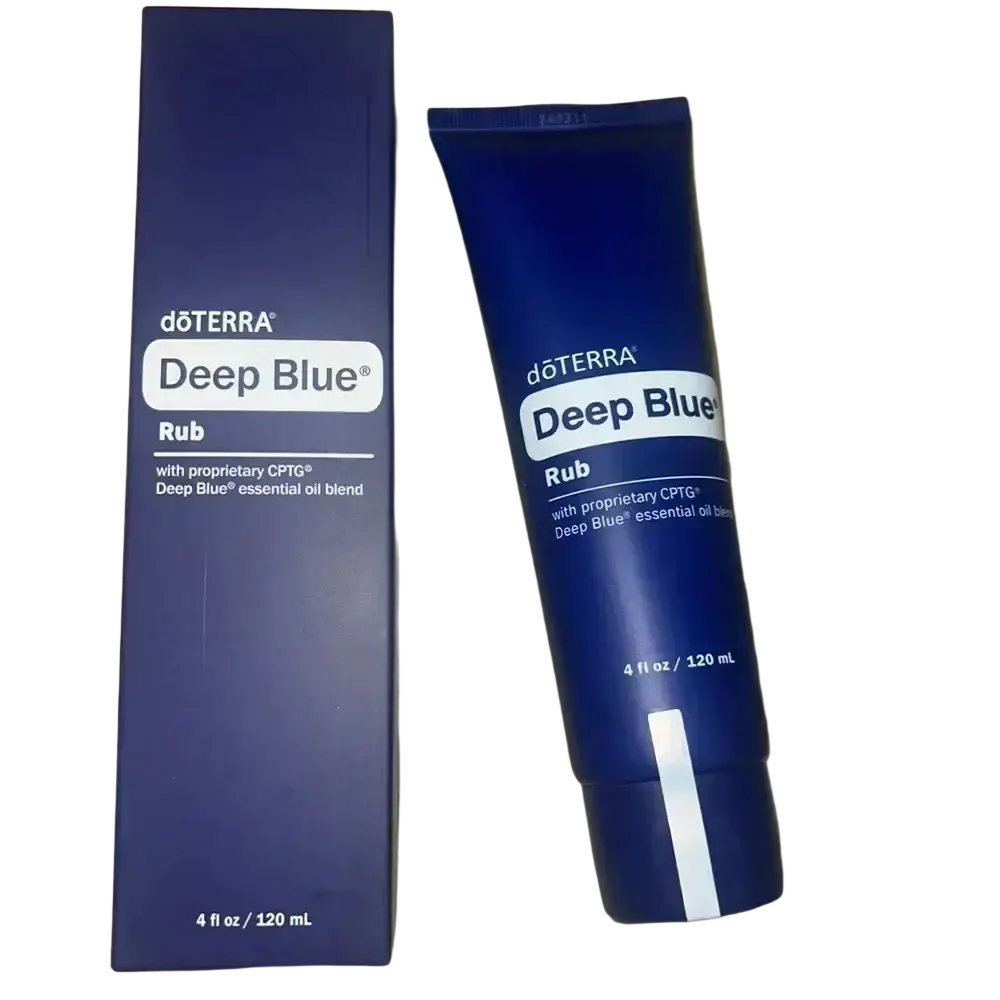 A sleek navy blue doterra deep blue rub tube with white label and cap for skin care soothing balm and moisturizing cream
