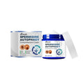 Blue and white jar of Ximonth spermidine autophagy skin soothing cream with partially open lid showing the cream inside