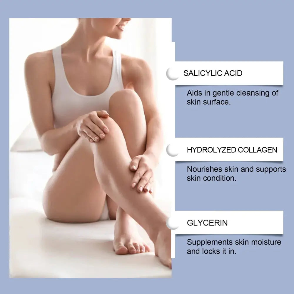 A woman in a white tank top gently touching her leg skin using ximonth spermidine autophagy skin soothing cream