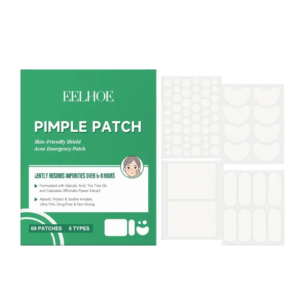 Green packaged eelhoe 69 count assorted hydrocolloid white pimple patches for acne treatment set