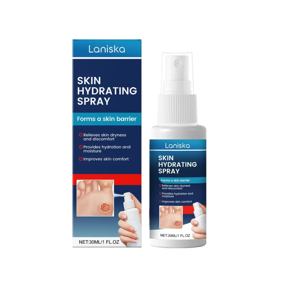 Laniska hydrating face mist and makeup setting spray in a white bottle with blue and red labeling and spray nozzle