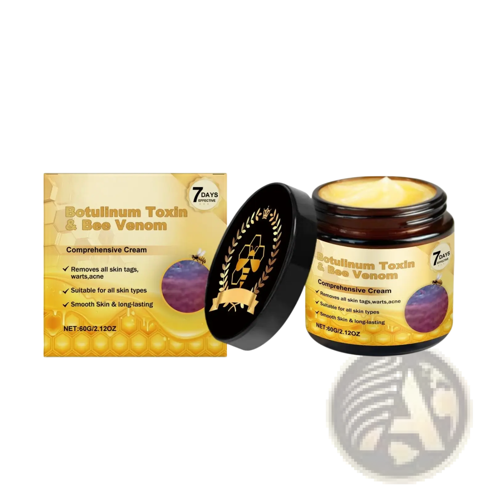 Skin repair cream with bee venom and hexapeptide in a golden honey jar with black lid featuring gold bee design