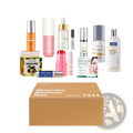 Brown cardboard skincare mystery box labeled 12 boxes with assorted skincare products arranged behind it for beauty use