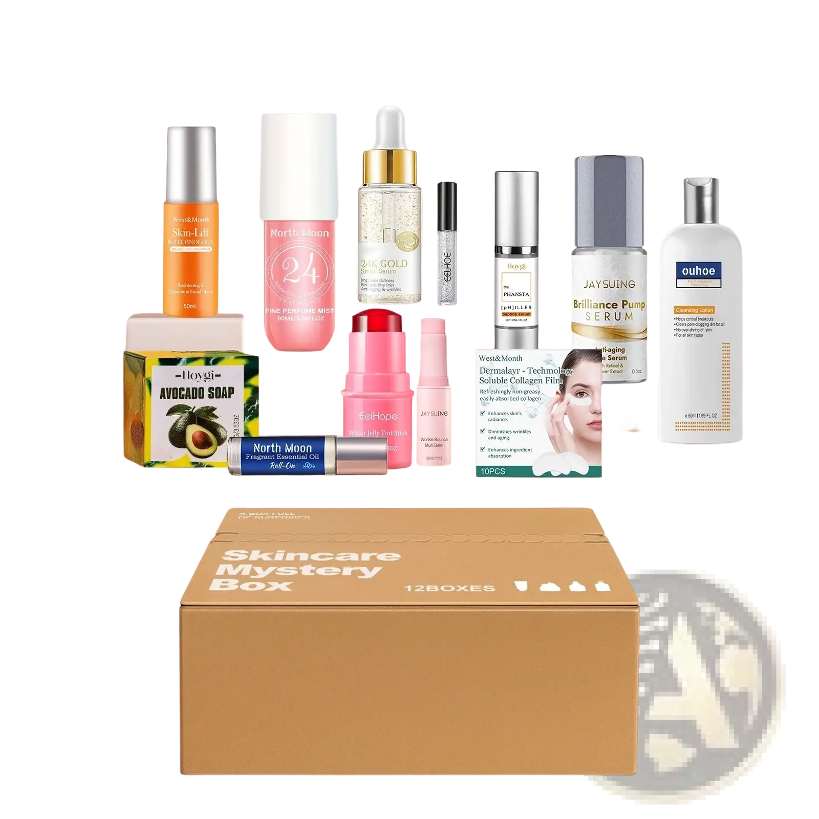 Brown cardboard skincare mystery box labeled 12 boxes with assorted skincare products arranged behind it for beauty use