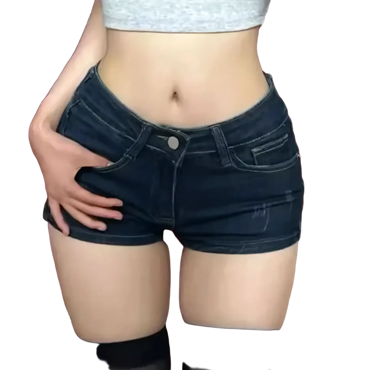 Dark blue skinny denim shorts for women with a classic five-pocket design and button closure in cotton material