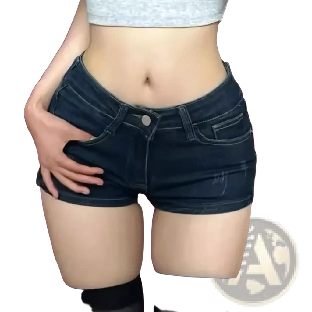 Dark blue skinny denim shorts for women with a classic five-pocket design and button closure in cotton material