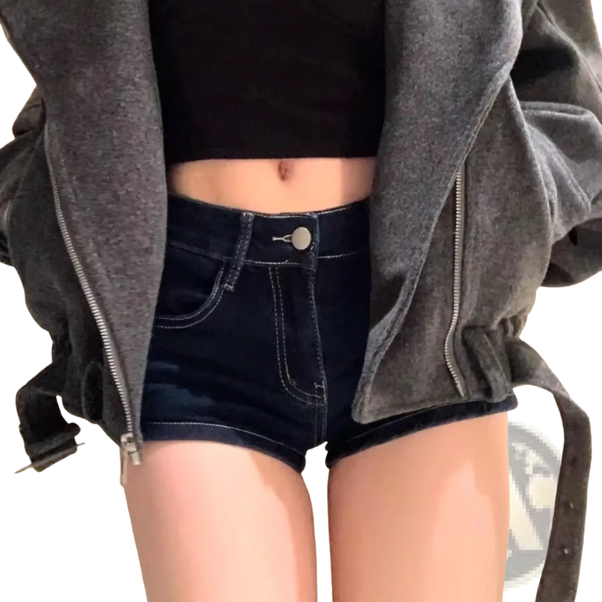 Dark blue high-waisted skinny denim shorts for women with white stitching and button closure