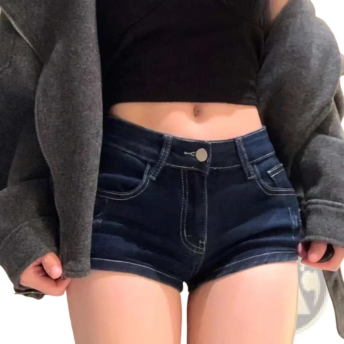 Dark blue high-waisted skinny denim shorts for women with white stitching and button closure