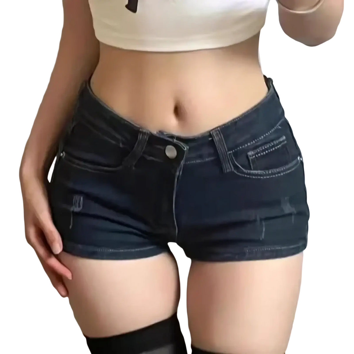 Skinny denim shorts for women in dark wash with a classic five-pocket design and subtle distressing details