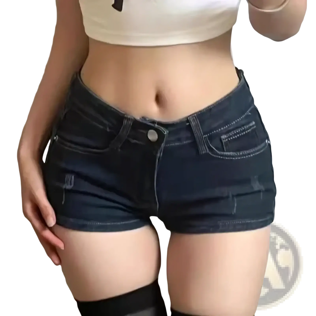 Skinny denim shorts for women in dark wash with a classic five-pocket design and subtle distressing details