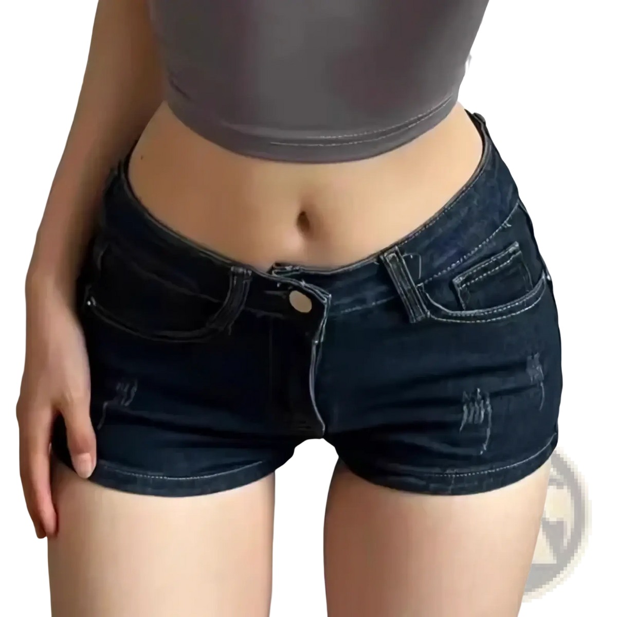Skinny denim shorts for women in dark-wash denim with distressed details and a classic five-pocket design