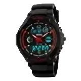 Skmei kids digital sport watch with black pu band, round face, red led display, and water resistance depth feature