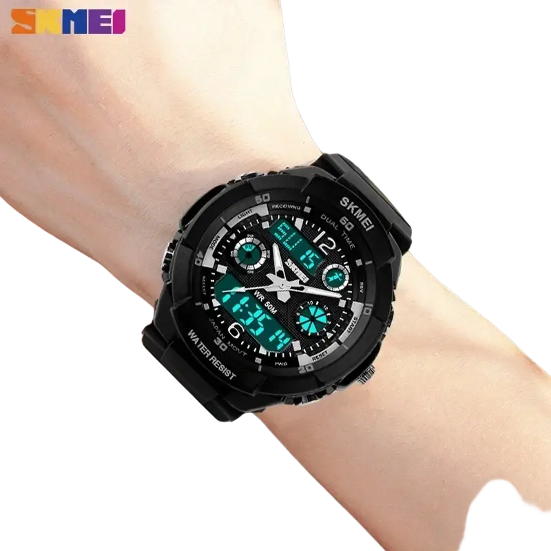 Black skmei kids digital sport watch with teal led displays water resistance depth and pu band material type
