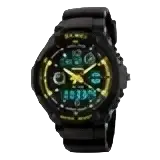 Black skmei kids digital sport watch with pu band material water resistance depth and green led numerals