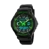 Black skmei kids digital sport watch with green glowing display water resistance depth and pu band material type