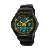 Black skmei kids digital sport watch with pu band material and water resistance depth featuring glowing green display