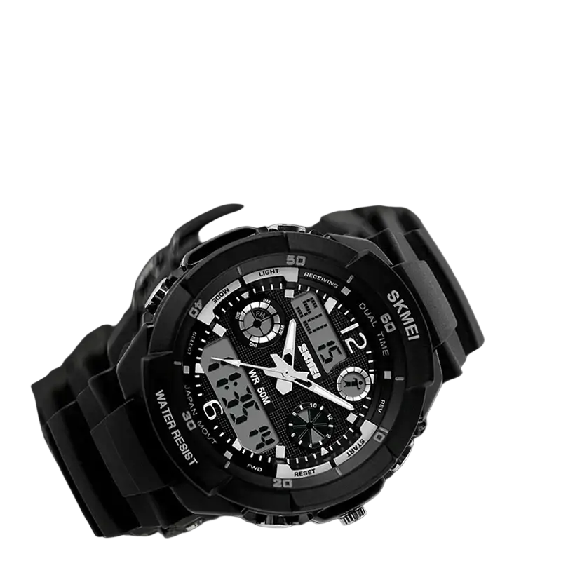 Black skmei kids digital sport watch with pu band material and water resistance depth featuring dual-time display