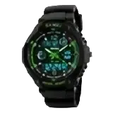 Black skmei kids digital sport watch with pu band, textured bezel, glowing green display, and water resistance depth