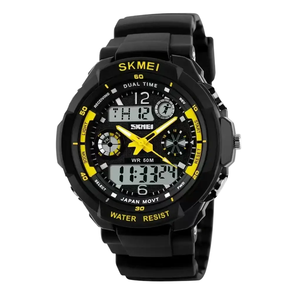 Skmei kids digital sport watch in black and yellow with black rubber pu band and water resistance depth feature