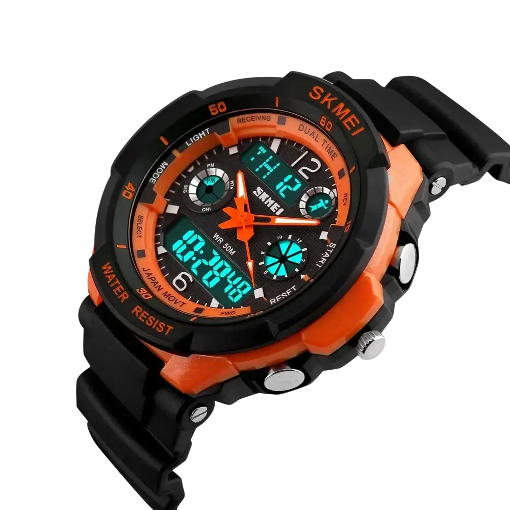 Skmei kids digital sport watch in orange and black with pu band material and water resistance depth for active use