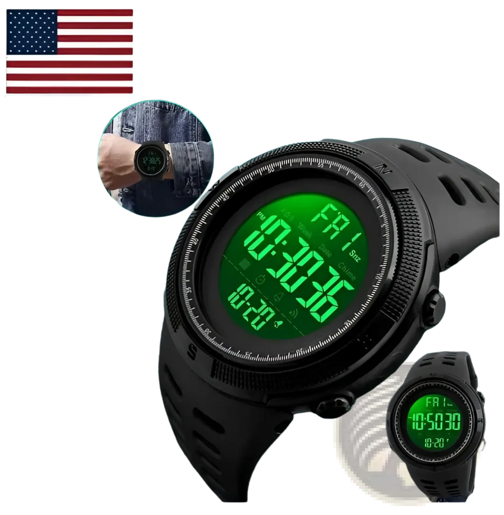 Skmei men’s military sport waterproof digital chronograph watch with black rugged bezel and green illuminated display