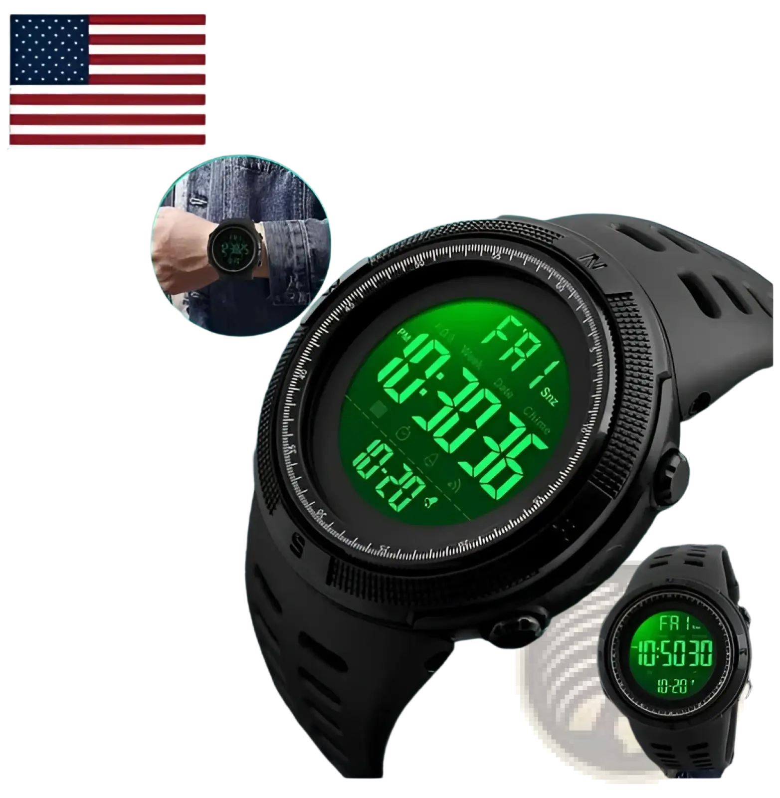 Skmei men’s military sport waterproof digital chronograph watch with black rugged bezel and green illuminated display