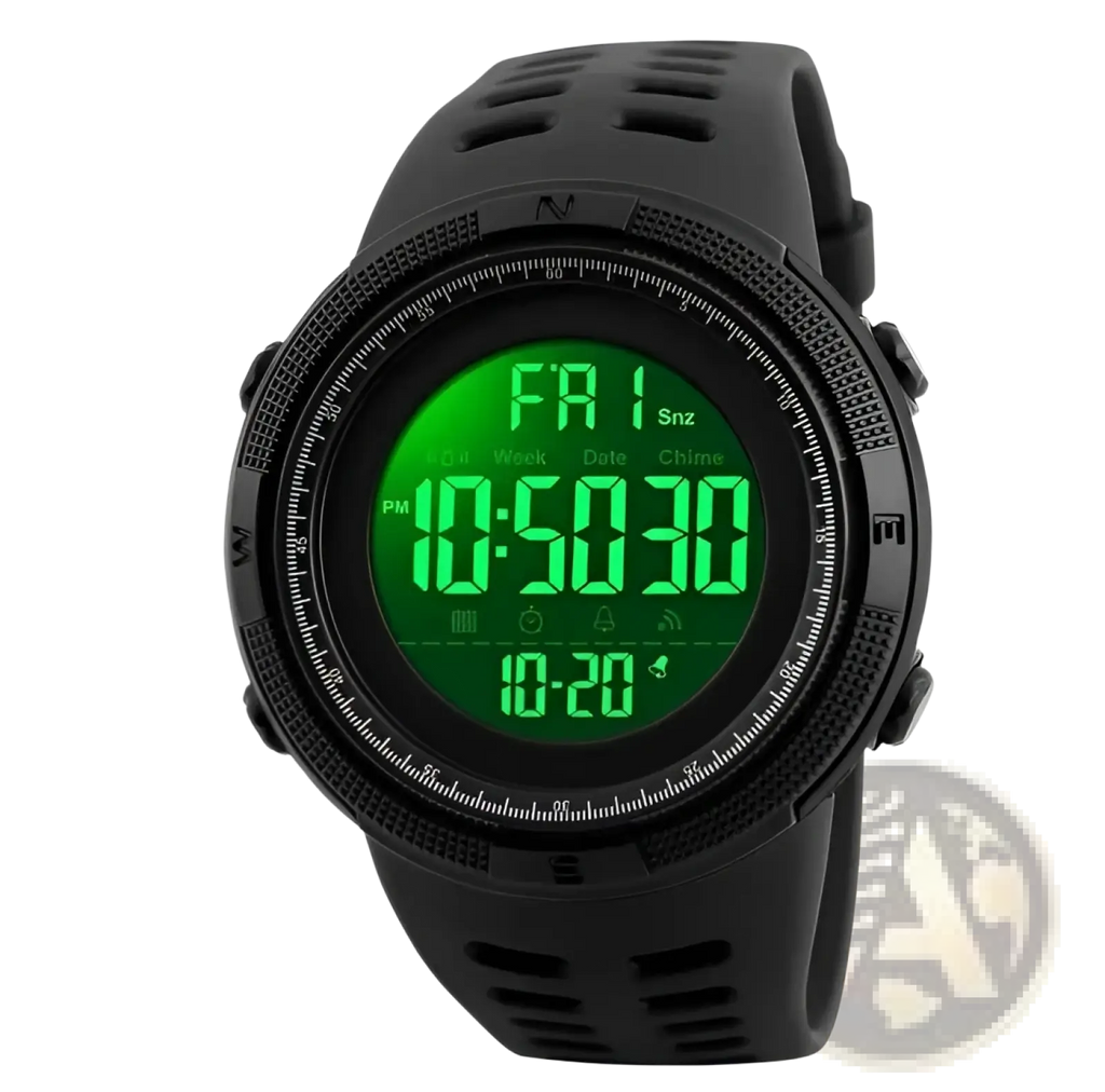 Skmei men’s military sport waterproof digital chronograph watch in black with green led display and perforated rubber strap