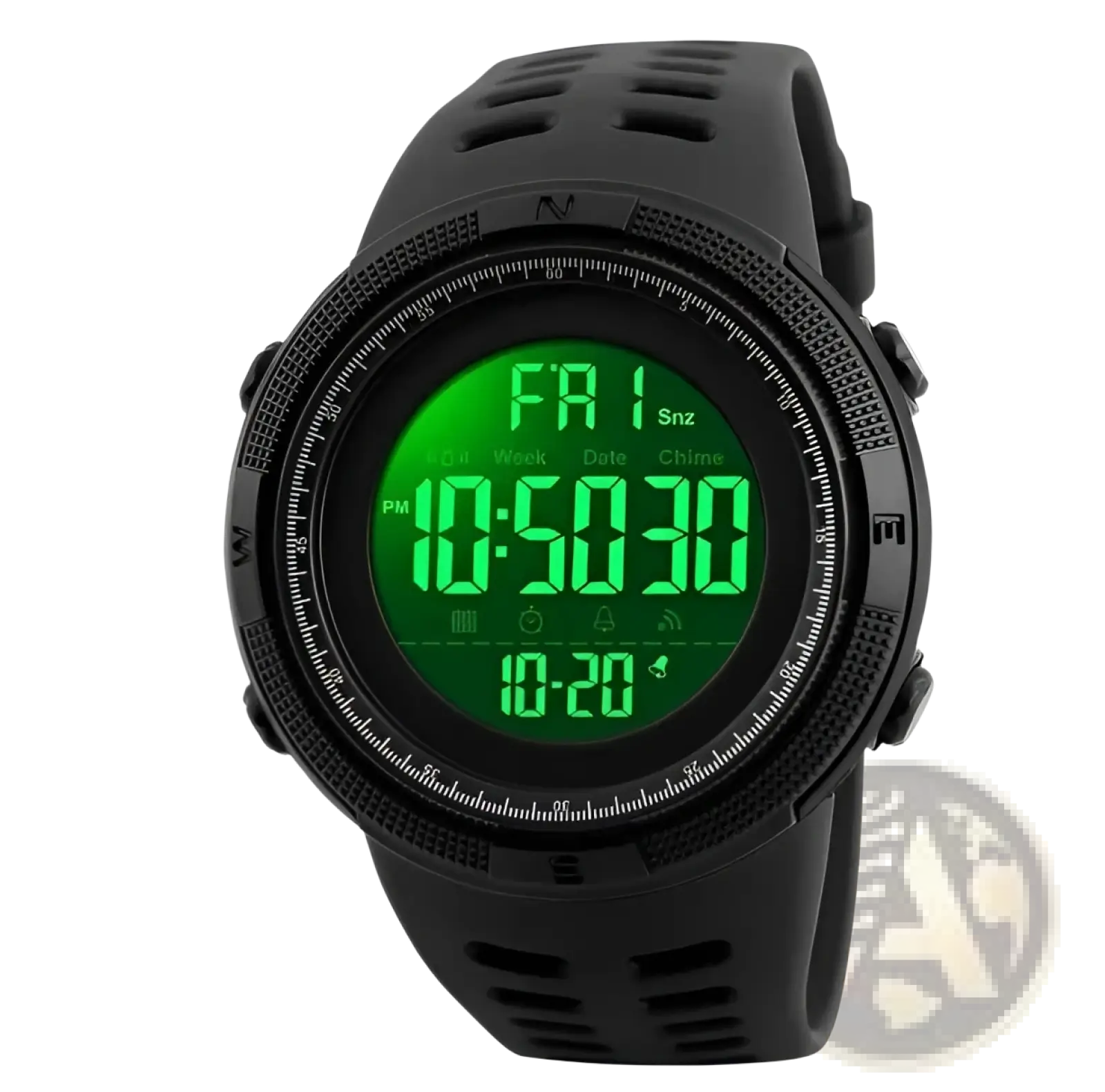 Skmei men’s military sport waterproof digital chronograph watch in black with green led display and perforated rubber strap