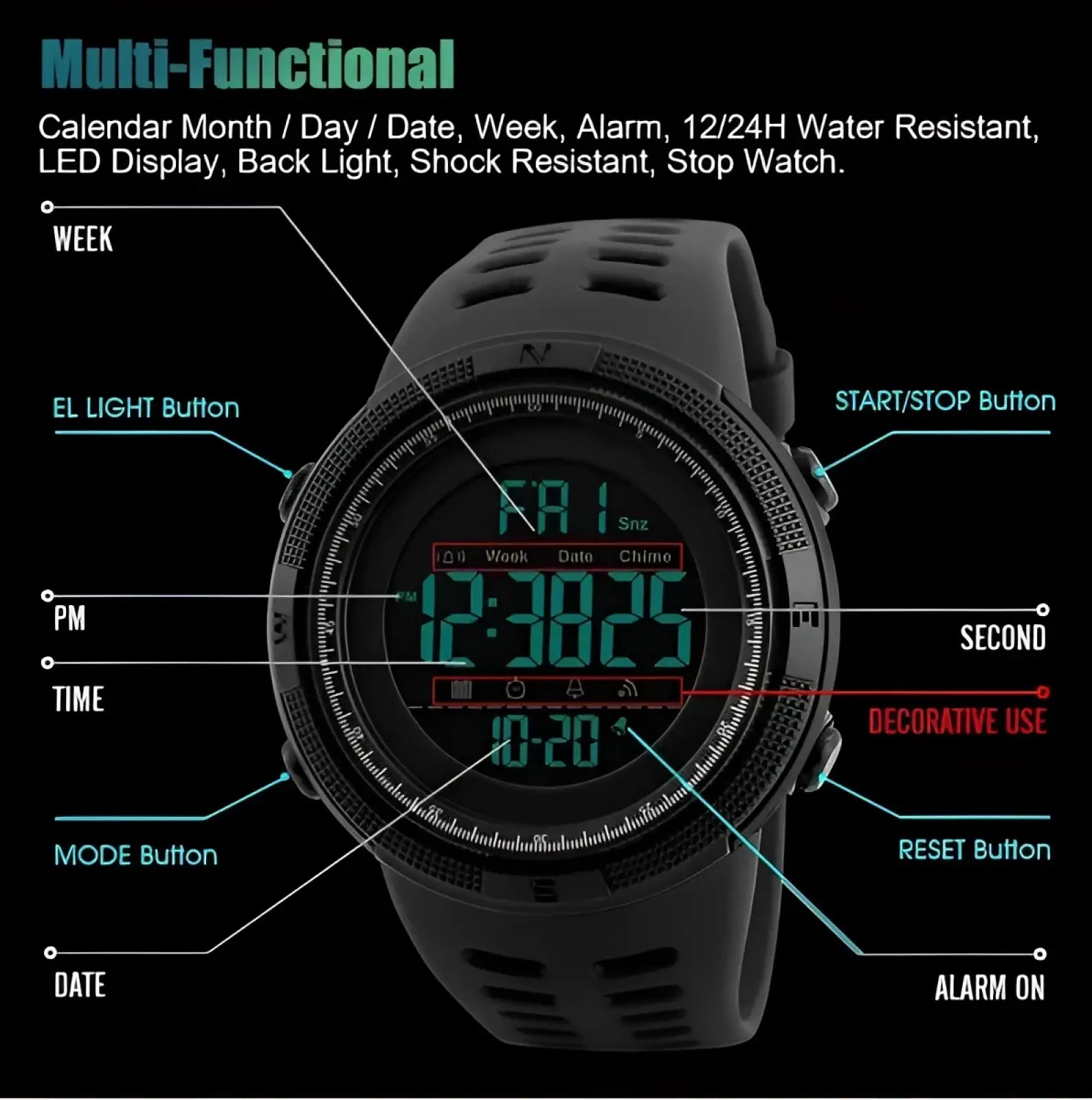 Skmei men’s military sport waterproof digital watch with a black rugged silicone strap and multifunction buttons