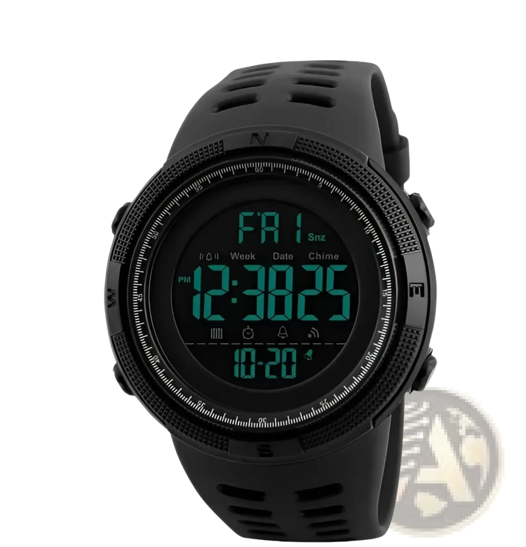 Skmei men’s military sport digital chronograph watch in black with a rugged matte-finish case and perforated strap