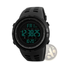 Skmei men’s military sport digital chronograph watch in black with a rugged matte-finish case and perforated strap