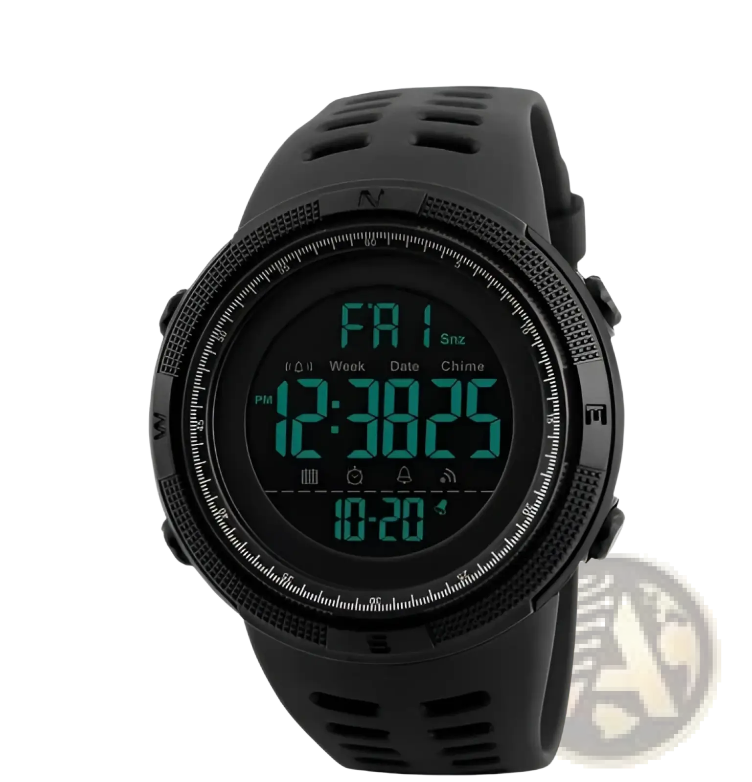 Skmei men’s military sport digital chronograph watch in black with a rugged matte-finish case and perforated strap
