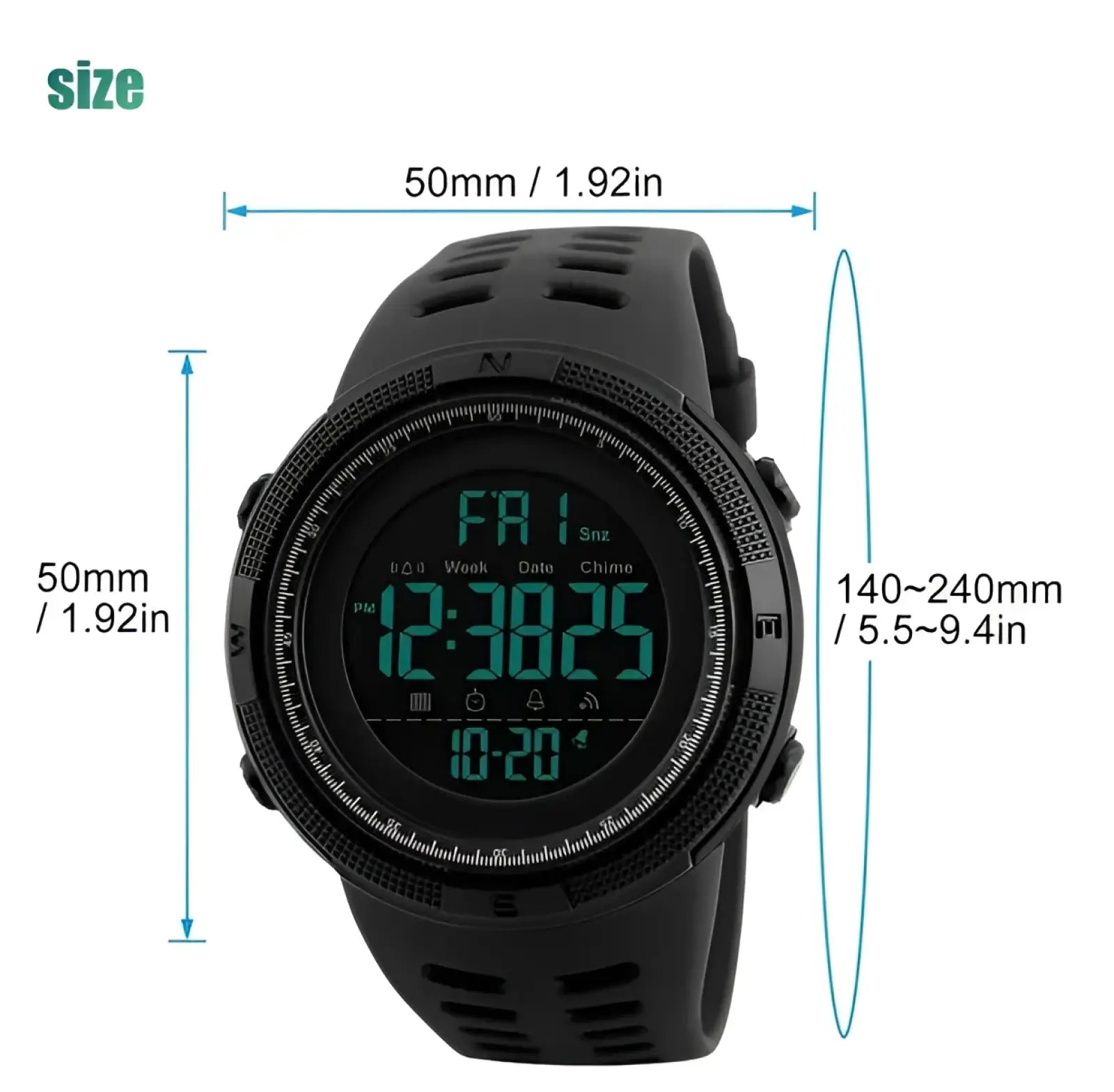 Skmei men’s military sport waterproof digital chronograph watch with black digital display and rugged perforated rubber strap