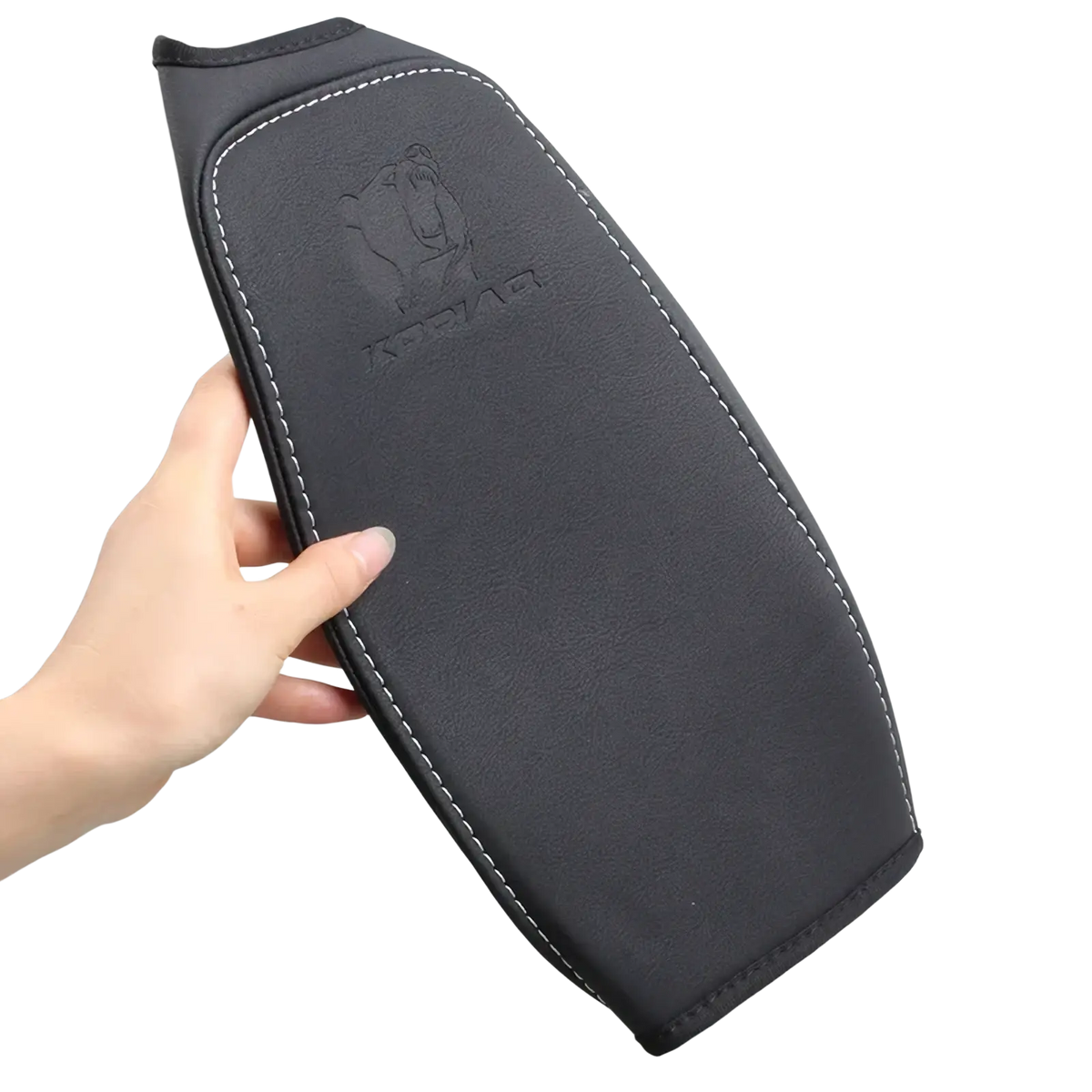 Black faux leather motorcycle seat pad with white stitching and debossed logo for skoda kodiaq armrest cushion 2017 2024