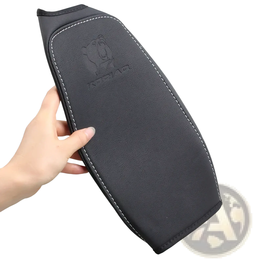 Black faux leather motorcycle seat pad with white stitching and debossed logo for skoda kodiaq armrest cushion 2017 2024