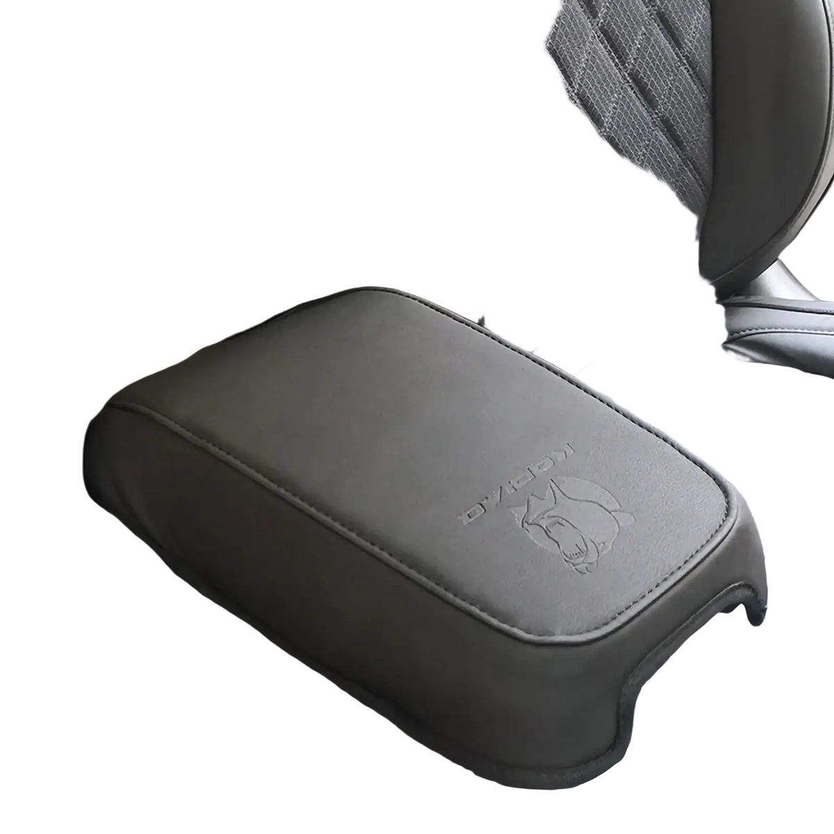 Black leather Skoda Kodiaq armrest cushion 2017 2024 with embossed dodge logo and detailed stitching