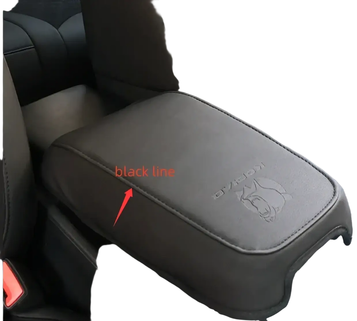 Black leather Skoda Kodiaq armrest cushion 2017 2024 with embossed fox logo and stitched black border center console cover