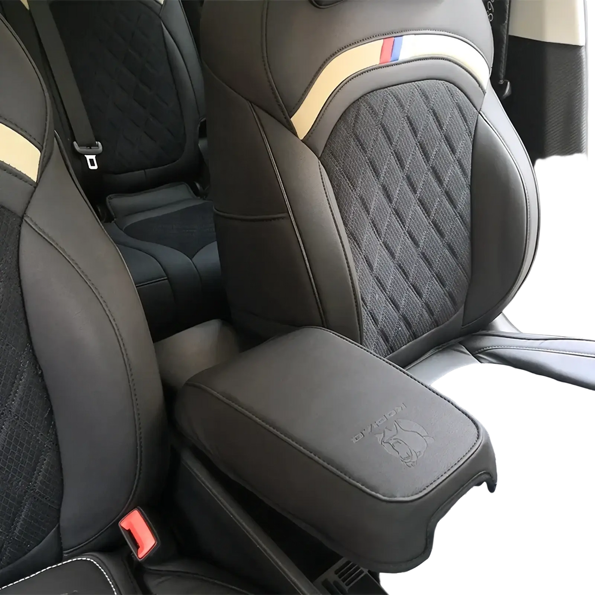Black leather Skoda Kodiaq armrest cushion 2017 2024 with quilted diamond pattern and beige accent stripe trim