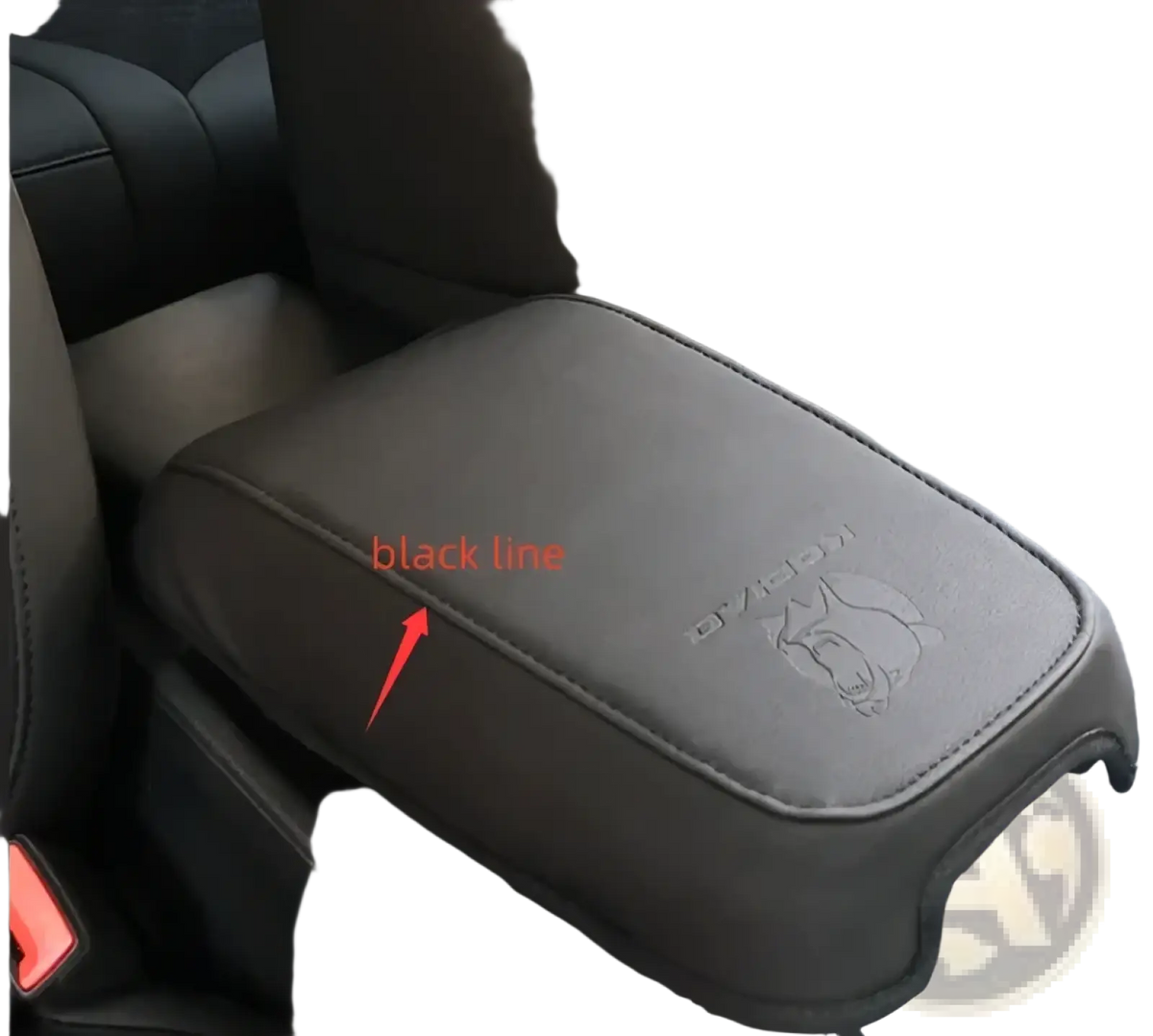 Black leather Skoda Kodiaq armrest cushion 2017 2024 with embossed fox logo and stitched black border center console cover