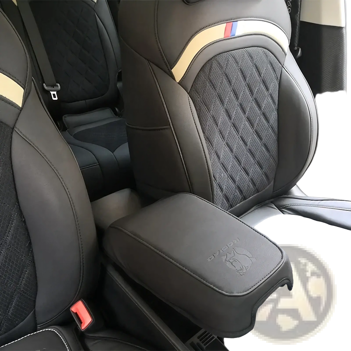 Black leather Skoda Kodiaq armrest cushion 2017 2024 with quilted diamond pattern and beige accent stripe trim