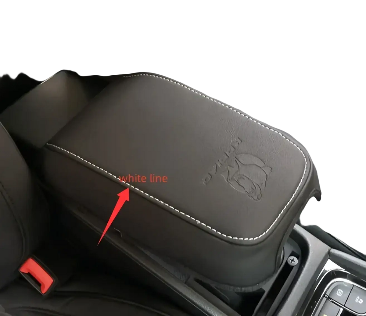 Black leather Skoda Kodiaq armrest cushion 2017 2024 with white stitching and embossed logo center console cover