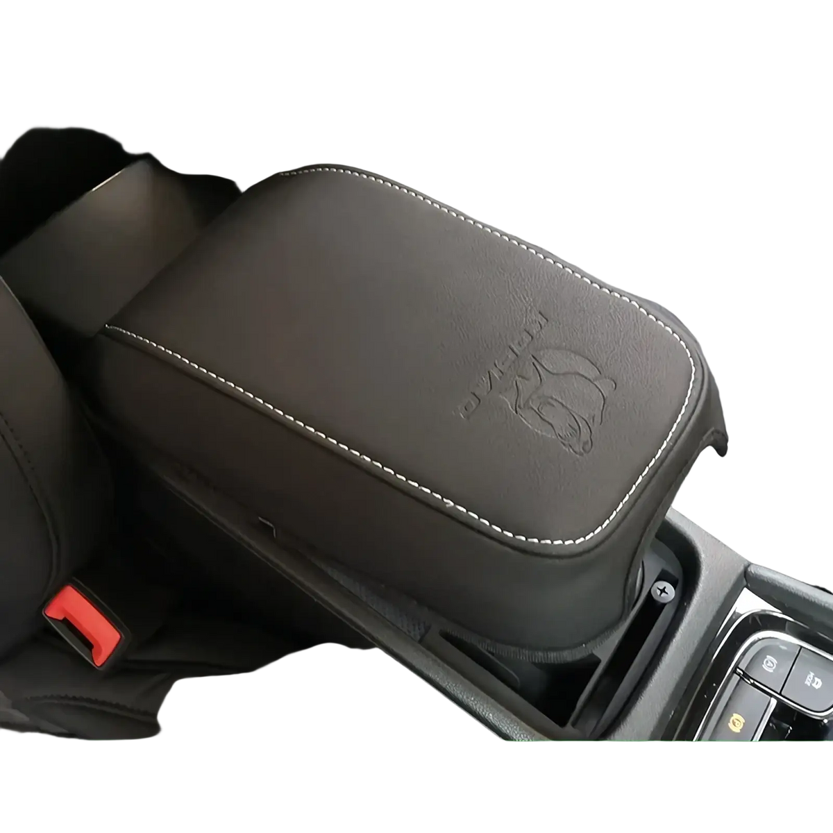 Black leather armrest cushion for Skoda Kodiaq 2017 2024 with white stitching and embossed logo center console cover