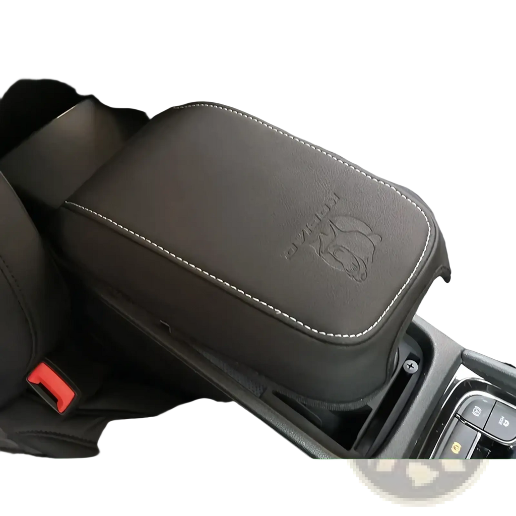 Black leather armrest cushion for Skoda Kodiaq 2017 2024 with white stitching and embossed logo center console cover