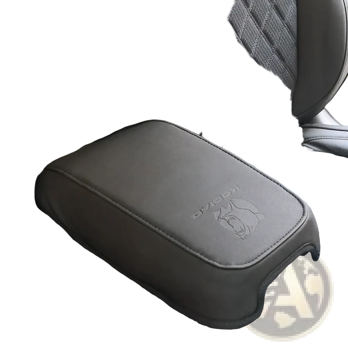 Black leather Skoda Kodiaq armrest cushion 2017 2024 with embossed dodge logo and detailed stitching