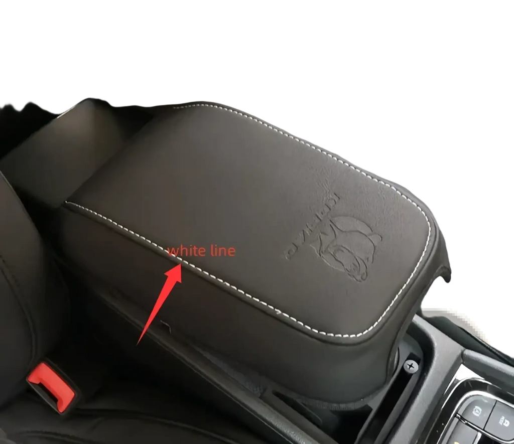 Black leather Skoda Kodiaq armrest cushion 2017 2024 with white stitching and embossed logo center console cover