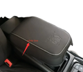 Black leather Skoda Kodiaq armrest cushion 2017 2024 with white stitching and embossed logo center console cover