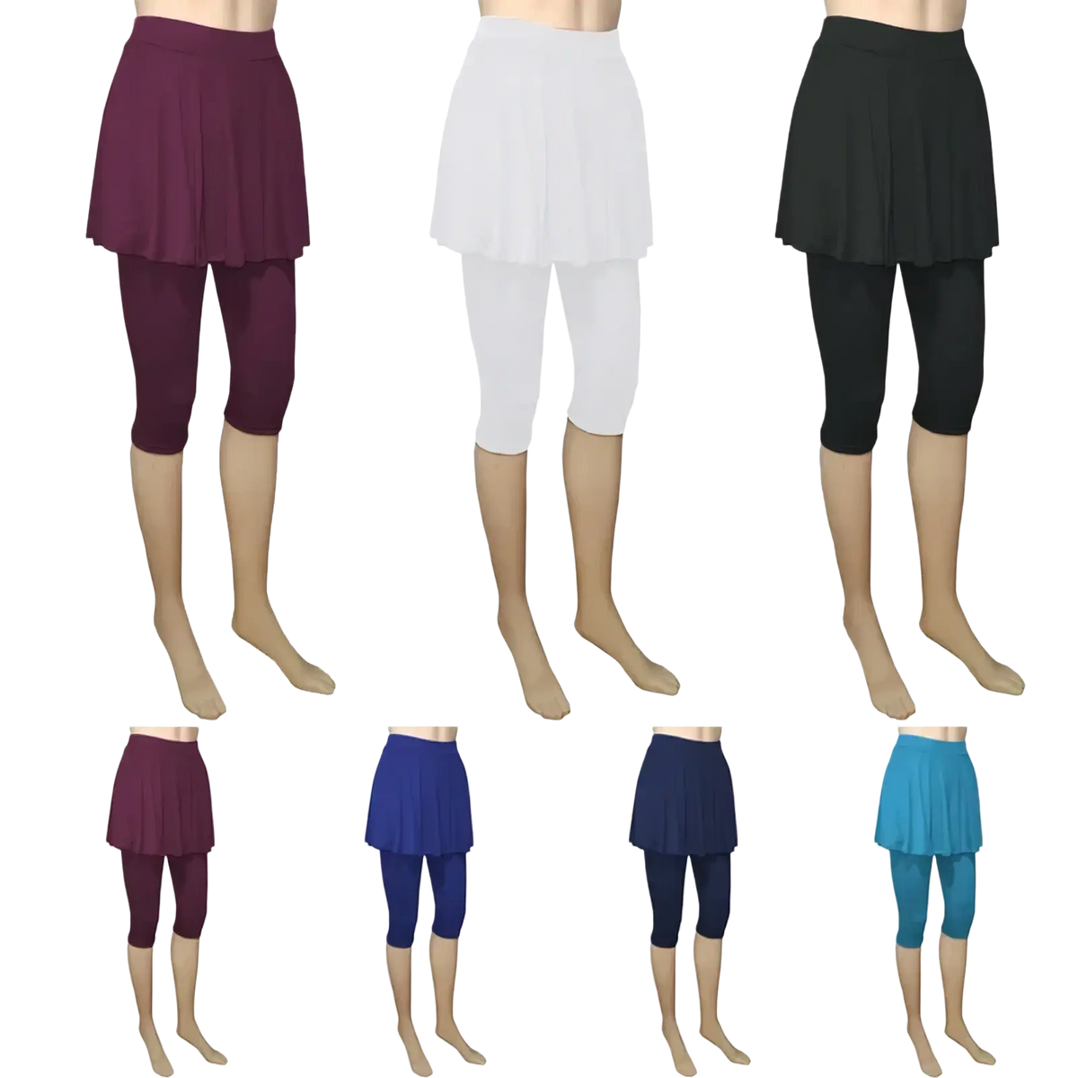 Plush pleated skirt overlay skort leggings capris in maroon white black navy and teal activewear pants